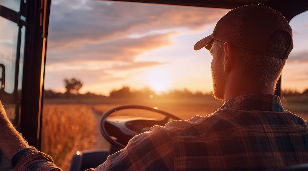 Farmer driving tractor at sunset in rural landscape