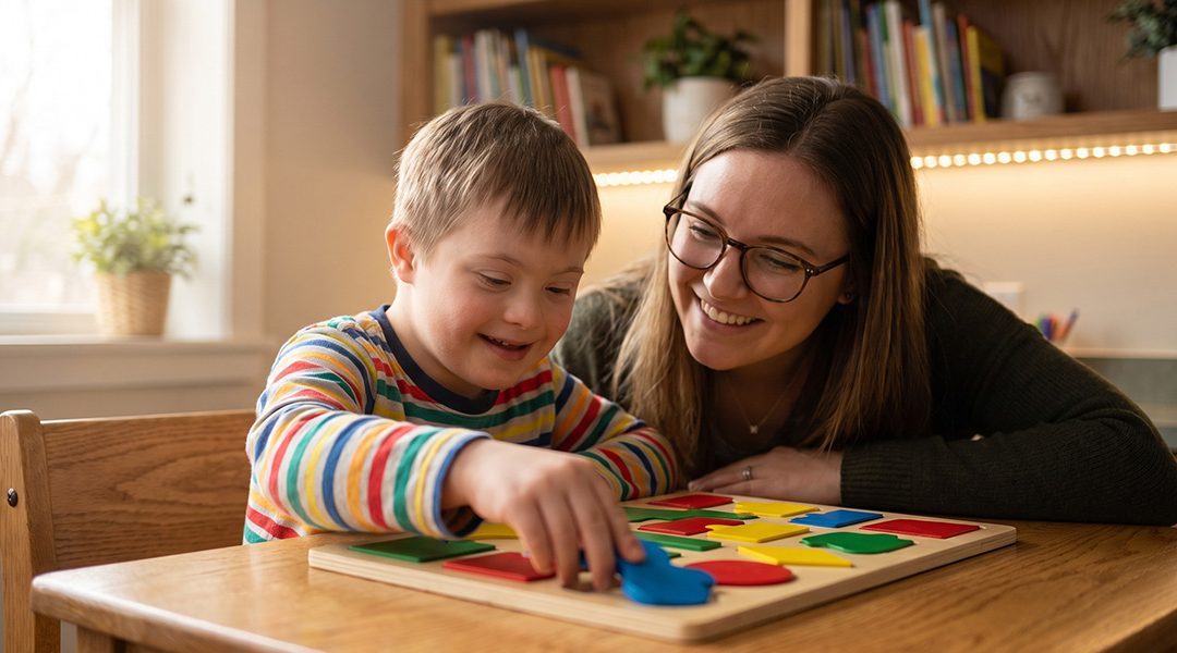 Special needs child playing with a puzzle with his caregiver